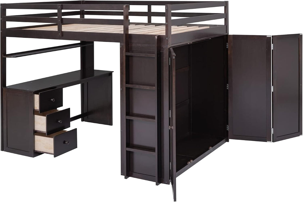 Full Size Loft Bed with Drawers and Desk, Wardrobe, Ladder for Kids, Adults, Girls, Bedroom, Easy Assembly, No Box Spring Needed, Space-Saving, Espresso