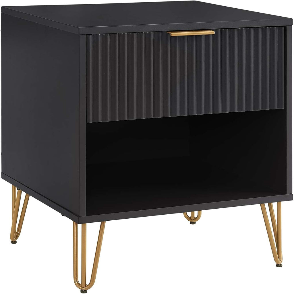Manhattan Comfort Dumbo 2 Piece Modern Set, 3 Drawer Dresser & 1 Drawer Nightstand with Fluted Ribbed Front, Gold Metal Legs, No Tool Assembly, Storage Cabinet for Bedroom or Living Room in Black