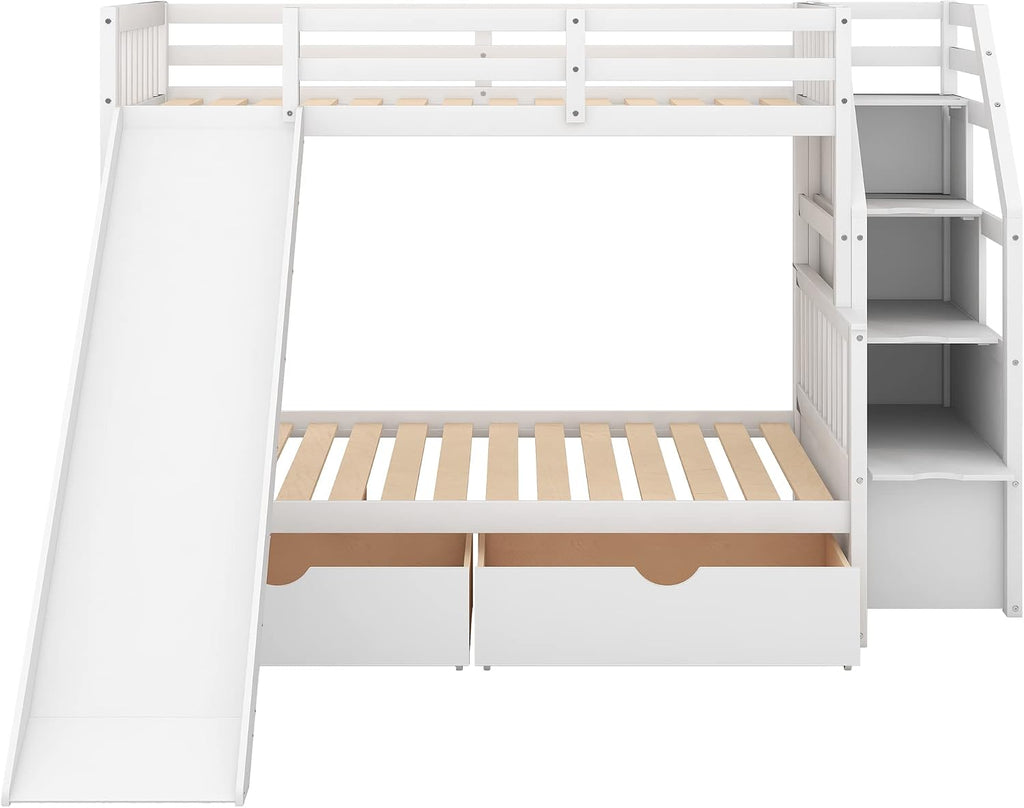 SOFTSEA Twin Over Full Bunk Bed with Staircase and Slide Storage Solid Wood Bunk Beds with Storage Drawers for Kids, No Box Spring Needed