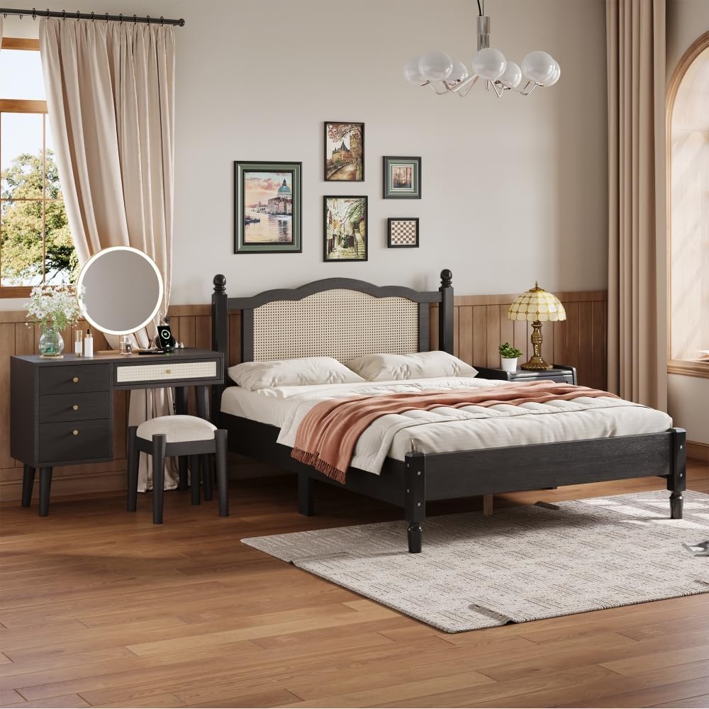3 Pieces Bedroom Set with Full Size Wooden Bed Frame, 1 Vintage Nightstand and 1 Makeup Vanity Set with Stool,Black (Black + Wood + Full + 3 Piece Set)