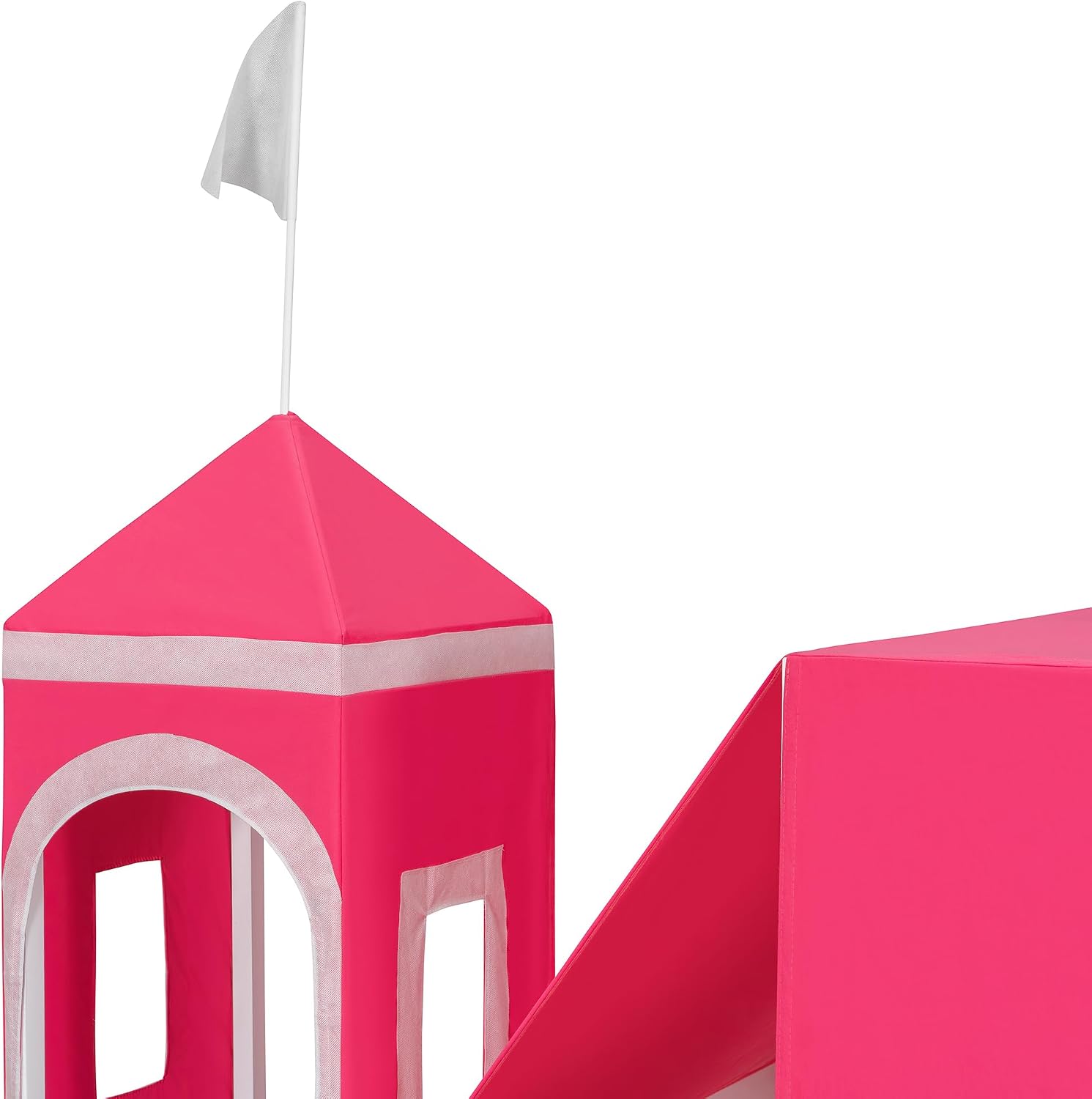 Pink Loft Bed with Slide and Play Tent Full Size Castle Themed Kids Bed with Tower Playhouse Design for Girls Bedroom Furniture