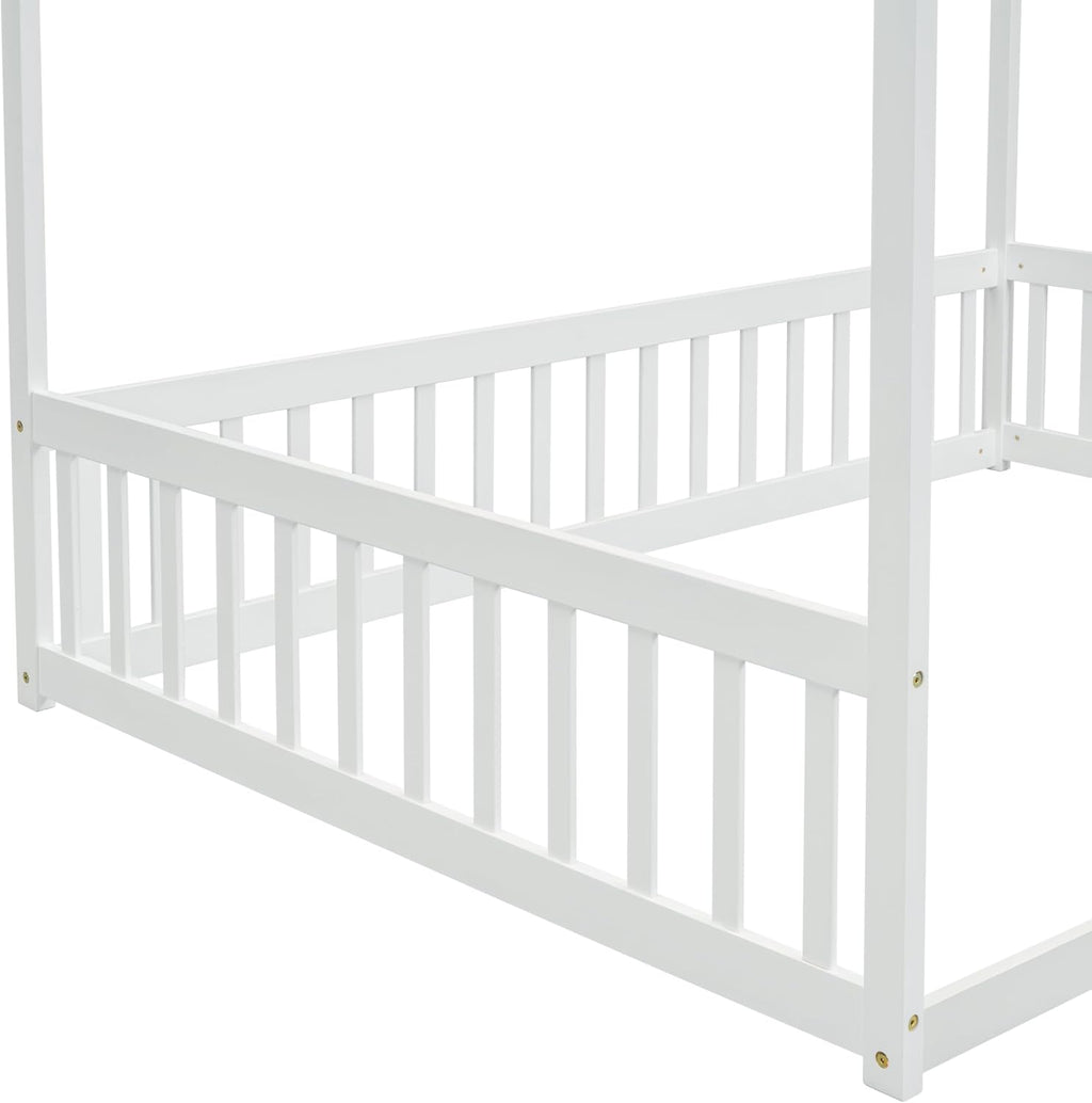 Full Size Canopy Bed Frame with Guardrails for Kids,Floor Bed Full with Four Poster Design,Kids Montessori Floor Bed,Wood Canopy Bed Frame for Girls,Boys(Full,White)