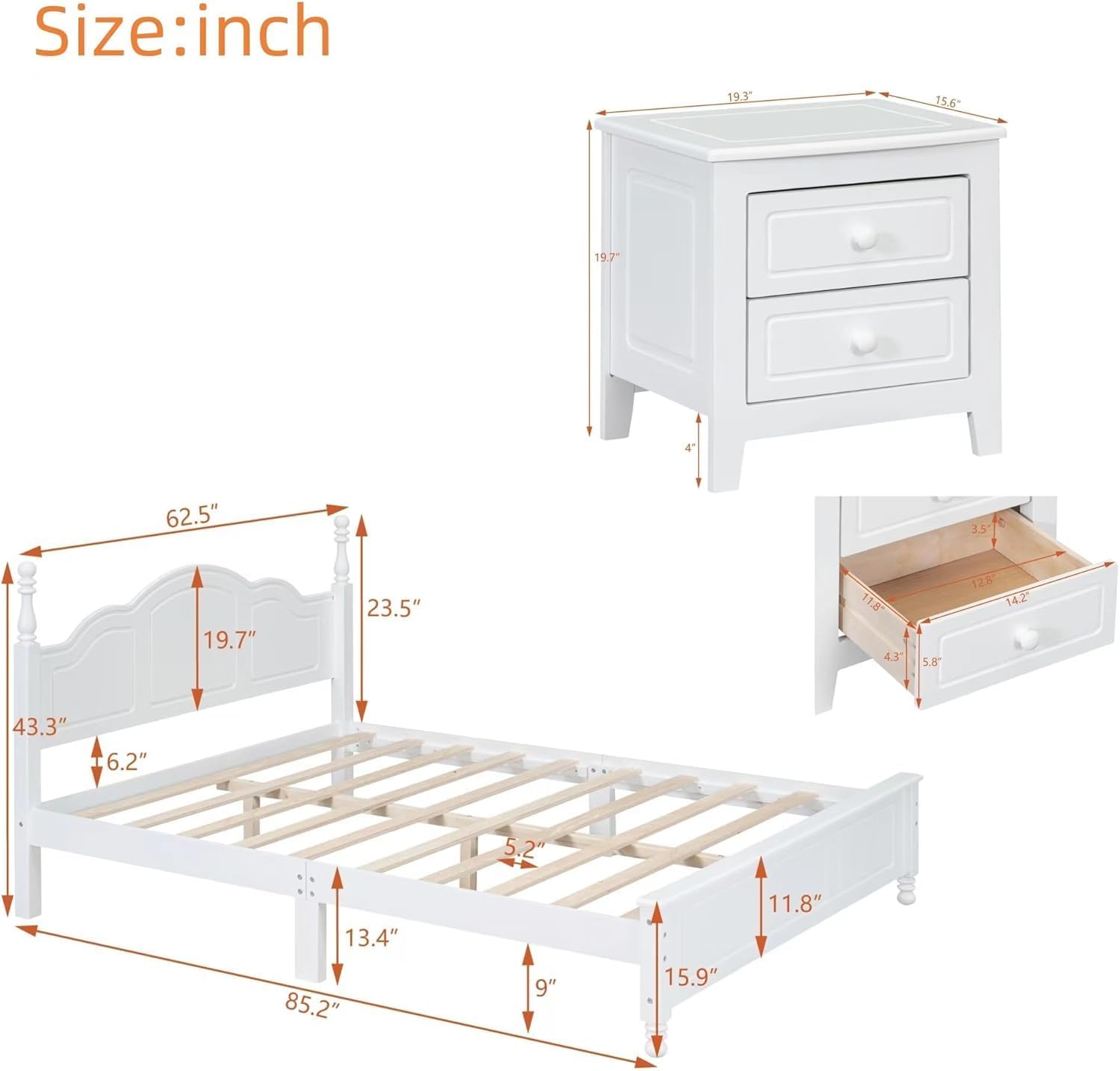 A Three-Piece Furniture Set, A Sturdy Wooden Bed with A Bedside Table, Suitable for A Family Setting(White(Queen))
