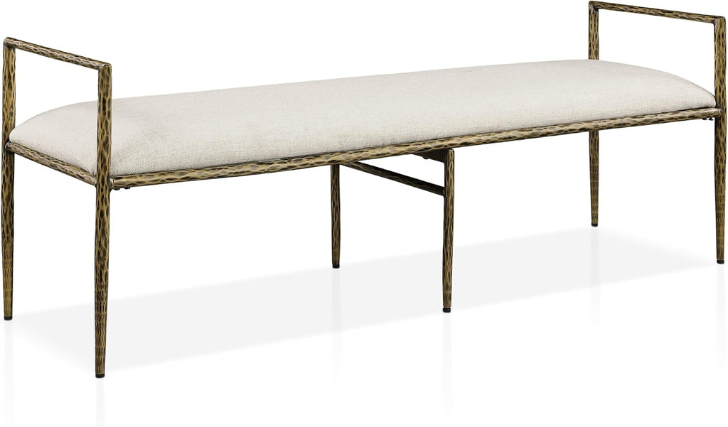 24/7 Shop at Home Lalia Hammered Metal 4-Piece Bedroom Collection, Upholstered Bed Frame with Beige Fabric Headboard, Bench and 1-Shelf Nightstands, Foundation Required, Full, Matte Gold
