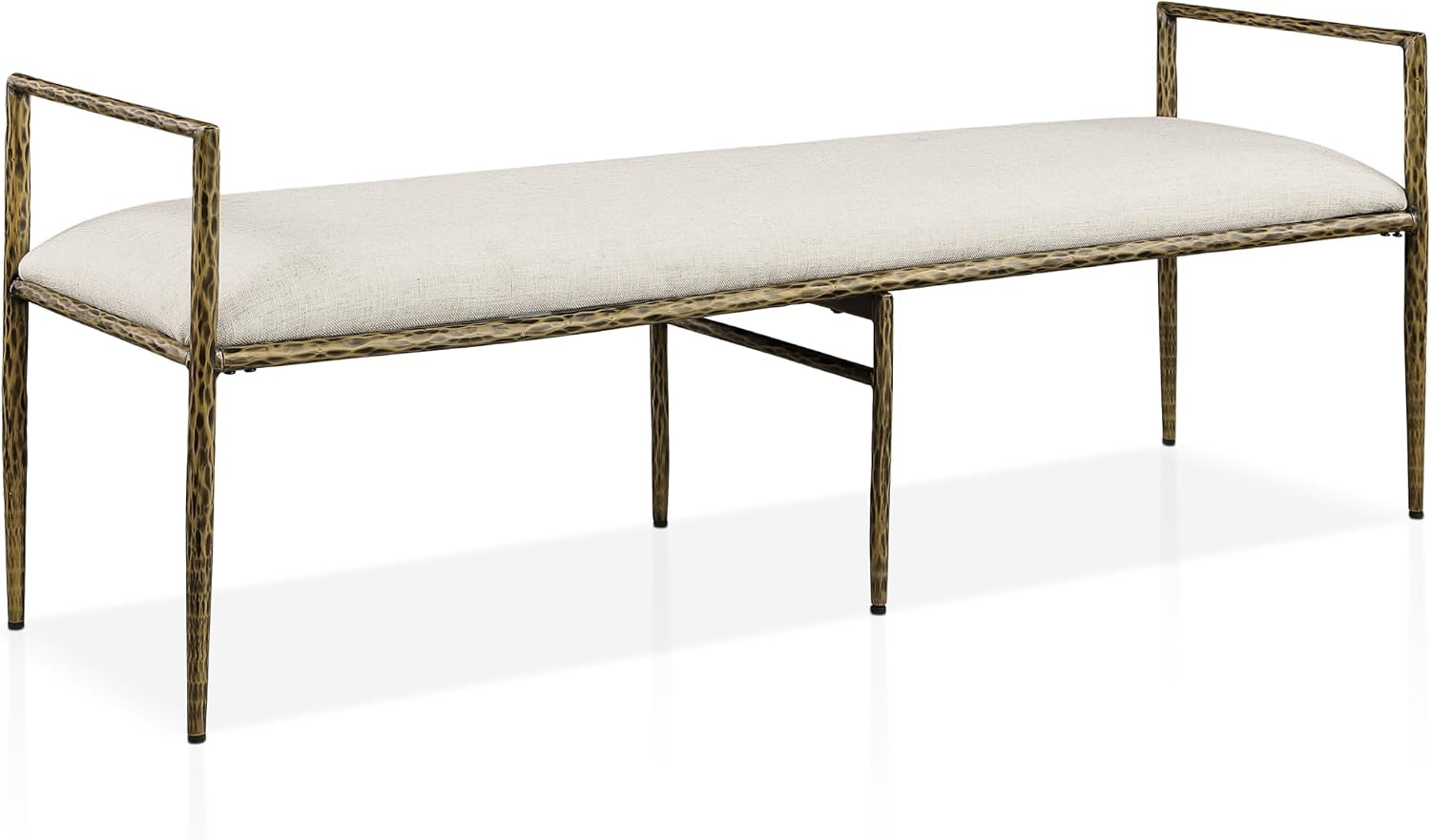 24/7 Shop at Home Lalia Hammered Metal 4-Piece Bedroom Collection, Upholstered Bed Frame with Beige Fabric Headboard, Bench and 1-Shelf Nightstands, Foundation Required, Full, Matte Gold