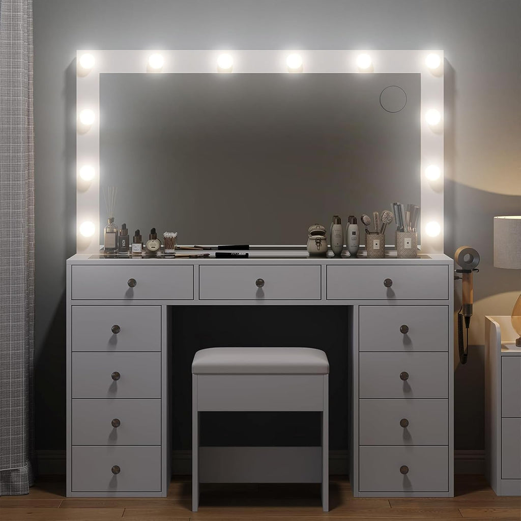 White Vanity Desk with Illuminated Mirror & Power Outlet, 11 Drawers Vanity Table with Chair, Makeup Vanity with 11 Hollywood Light Bulbs, Tempered Glass Top, Dressing Table for Bedroom,Dressing Room.