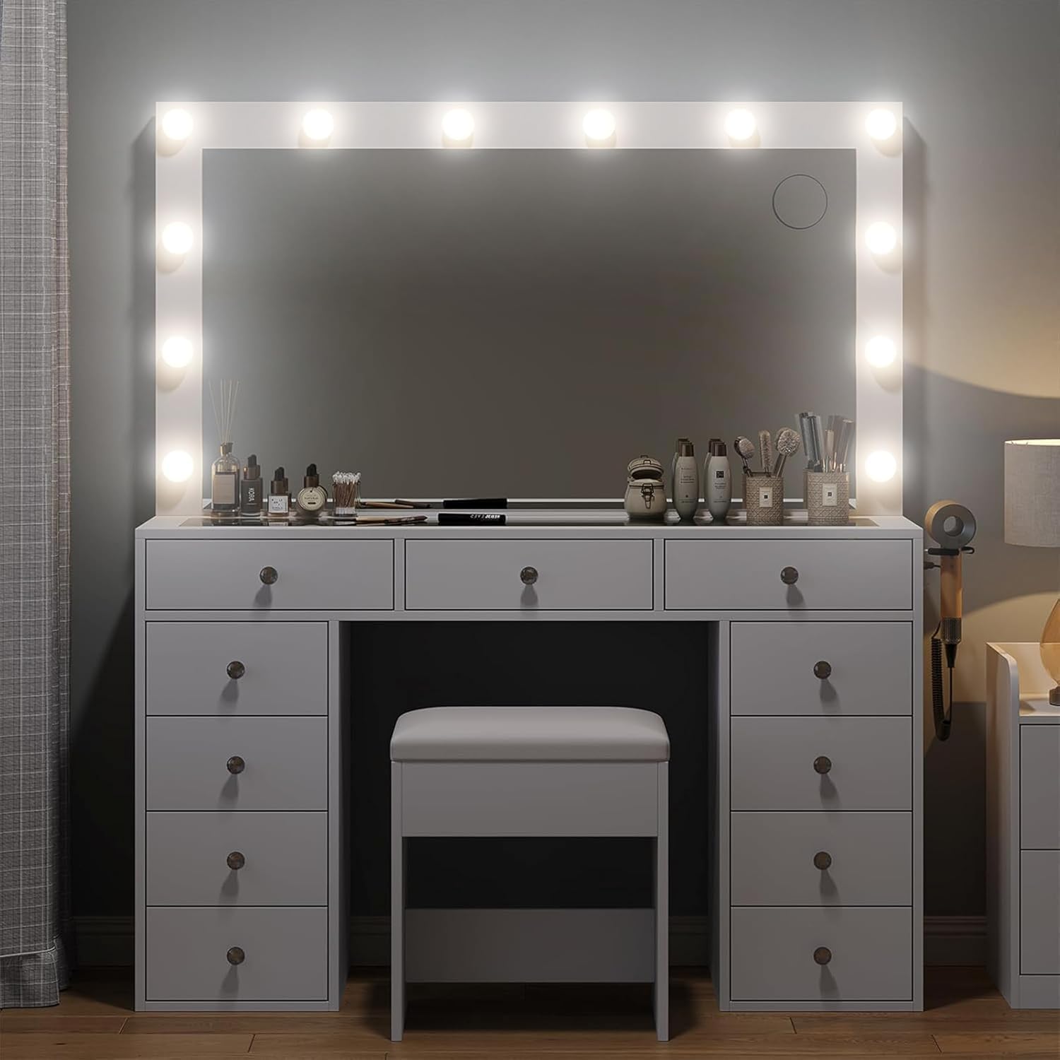 White Vanity Desk with Illuminated Mirror & Power Outlet, 11 Drawers Vanity Table with Chair, Makeup Vanity with 11 Hollywood Light Bulbs, Tempered Glass Top, Dressing Table for Bedroom,Dressing Room.