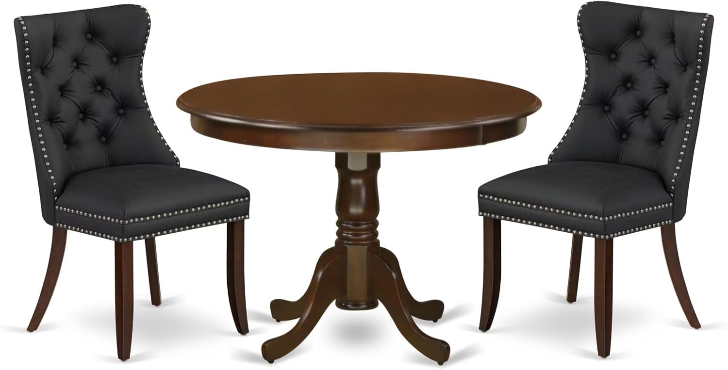 East West Furniture HLDA3-MAH-12 3 Piece Dining Table Set Contains a Round Kitchen Table with Pedestal and 2 Polyester Fabric Upholstered Parson Chairs, 42x42 Inch, Mahogany