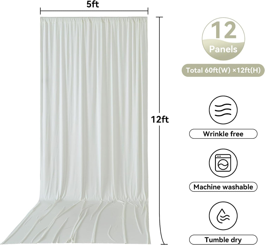12 Panels 5x12ft Ivory Backdrop Curtains for Parties, Wrinkle Free Polyester Ivory Photo Backdrop Drapes 12 ft Long Back Drop Cloth for Wedding Birthday Photography Background Party