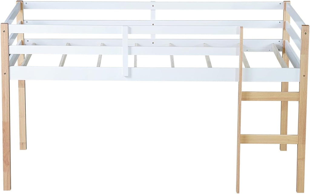 JIVOIT Solid Wooden Twin Loft Bed with Ladder, Rubber Wood Bed Frame with Ladder, Platform of Strengthened Slats, Low Height Design Loft Bed, No Box Spring Needed