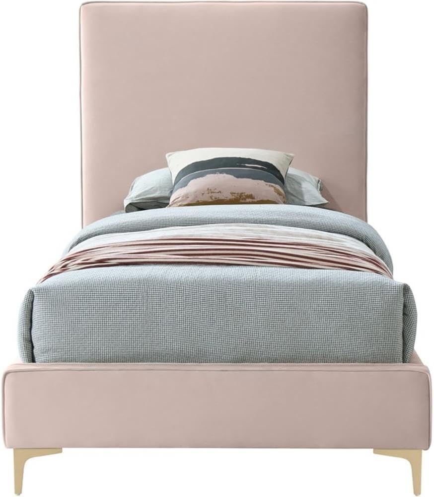 Meridian Furniture Geri Collection Modern | Contemporary Velvet Upholstered Bed with Piping on Headboard and Foorboard in Gold or Chrome Finish, Twin, Pink