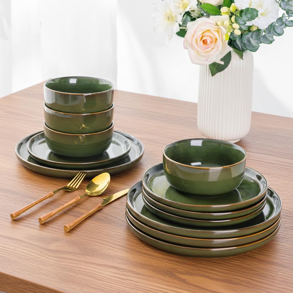 AmorArc Stoneware Dinnerware Sets,Round Reactive Glaze Plates and Bowls Set,Highly Scratch Resistant | Dishwasher & Microwave Safe Dishes Set,Service for 8 (24pc)