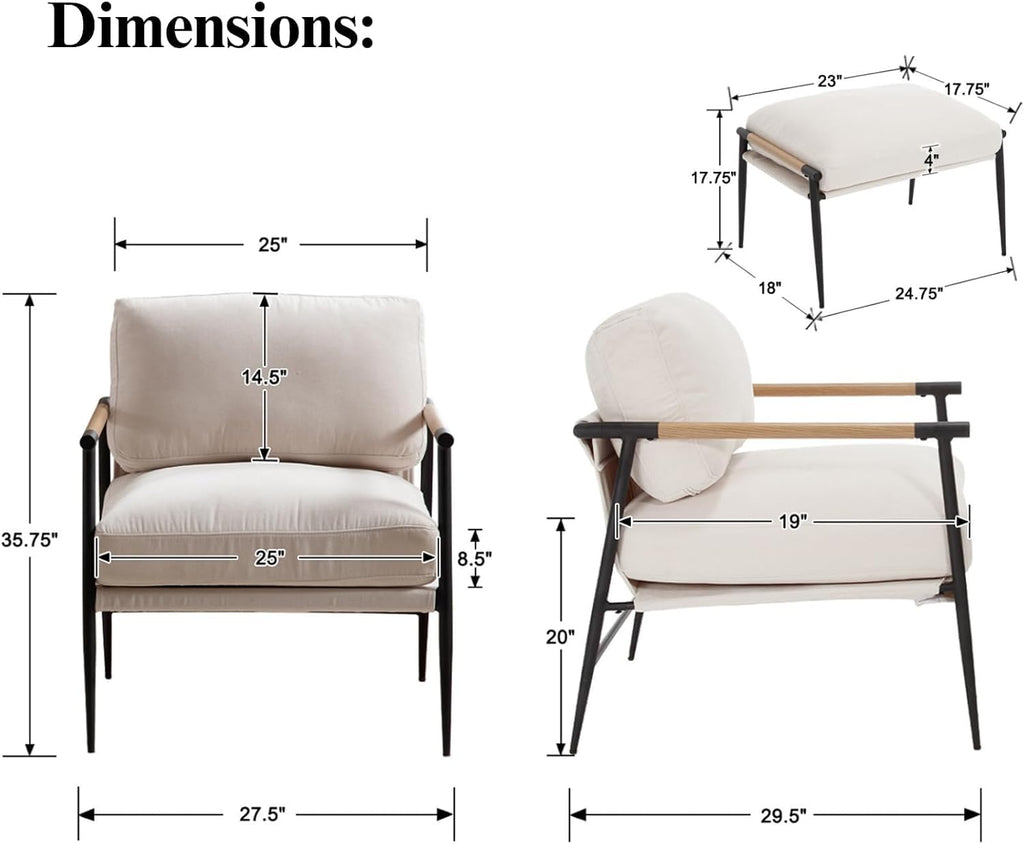DUOMAY Mid Century Modern Accent Chair with Ottoman Set, Chenille Beige Upholstered Living Room Chair with Metal Legs Lazy Lounge Chair Set with Footrest for Bedroom Living Room
