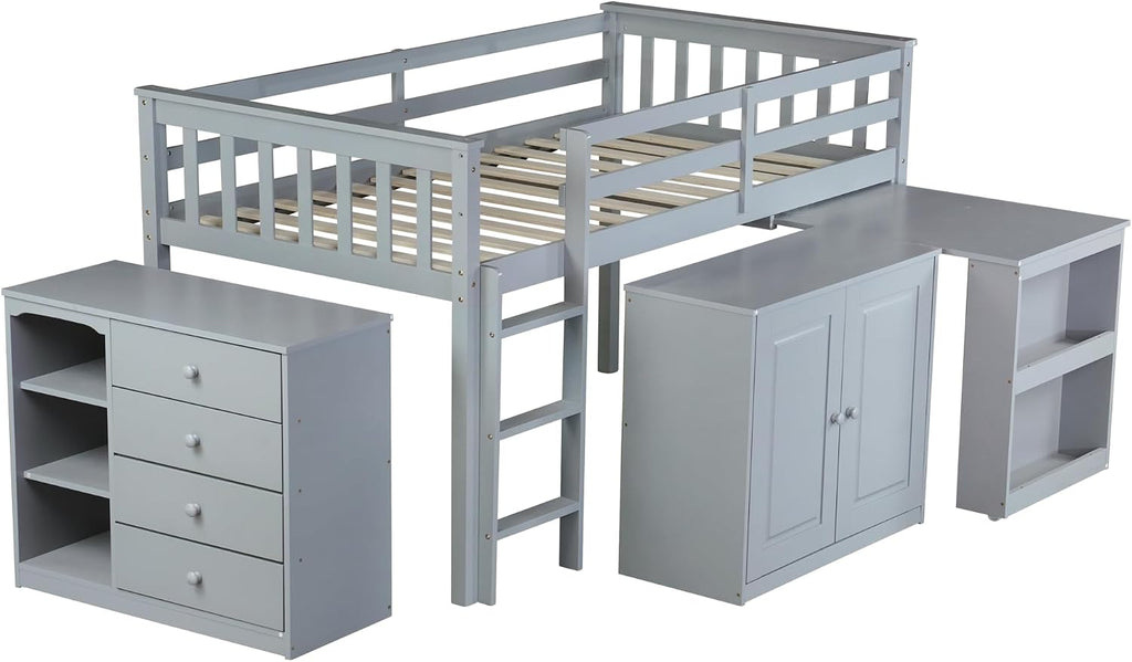 JIVOIT Twin Size Low Loft Bed, Multifunctional Loft Bed with Pulling-Out Desk, Storage Cabinet, Drawer and Shelf Cabinet, Rubber Wood Loft Bed with Safety Guardrail, Ladder, Easy Assembly (Grey/262)