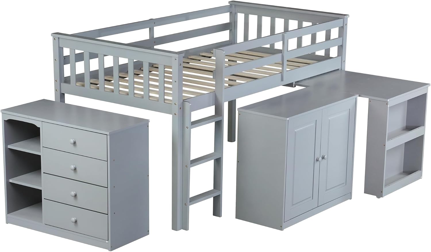JIVOIT Twin Size Low Loft Bed, Multifunctional Loft Bed with Pulling-Out Desk, Storage Cabinet, Drawer and Shelf Cabinet, Rubber Wood Loft Bed with Safety Guardrail, Ladder, Easy Assembly (Grey/262)