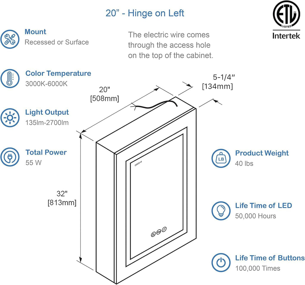 Blossom 20x32 LED Medicine Cabinet with Outlet & USB | CRI 90+ Lighted Bathroom Mirror with Storage | Blum Soft-Close Hinges, Recessed or Surface Mount, Anodized Aluminum Vanity Mirror