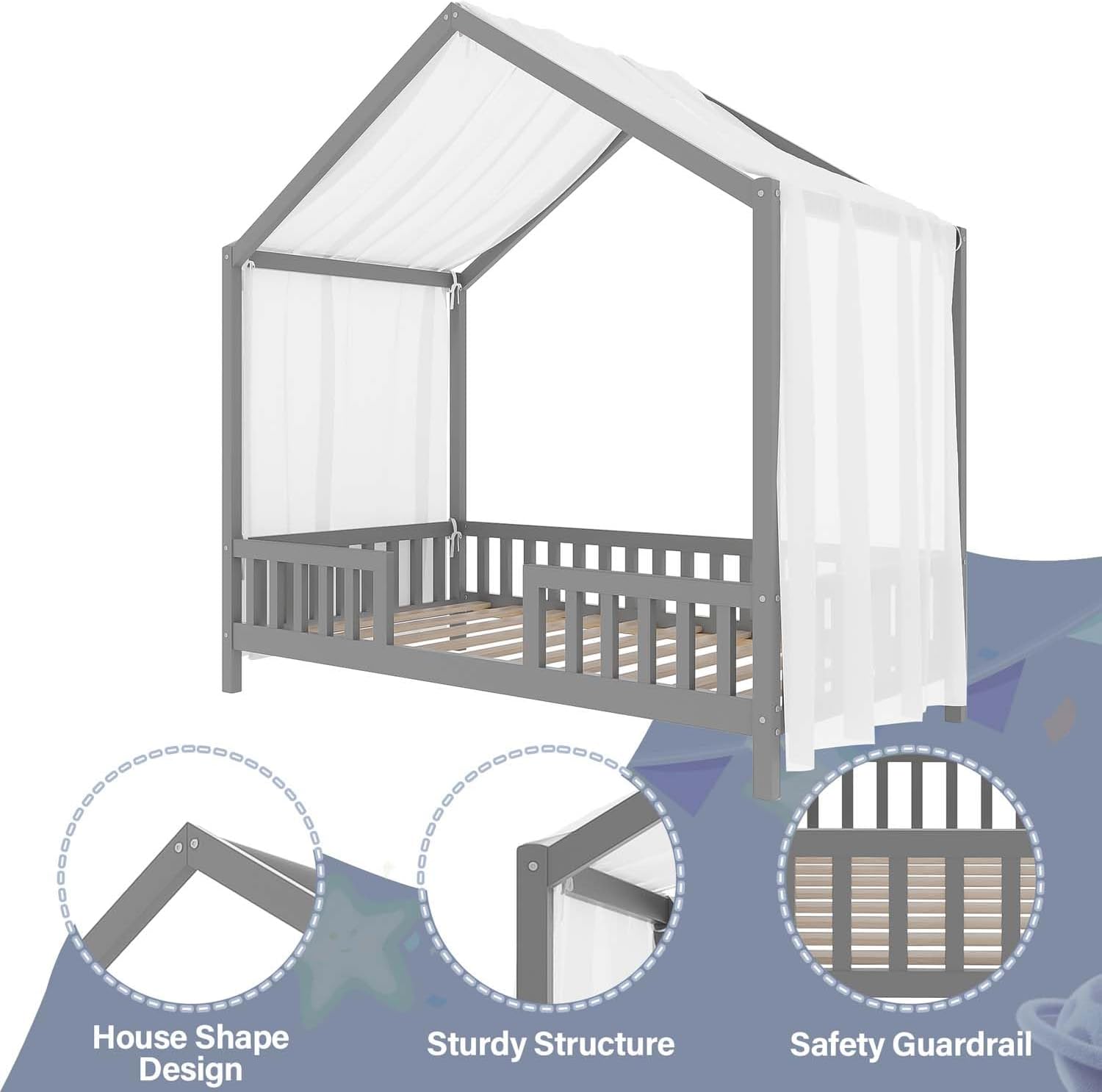 Cute Montessori Bed Frame Twin Size with Canopy, Low Profile House Shape Bed with Safety Railing & Wood Slat Support, Kids Playhouse Bedframes for Boys Girls (Grey, Twin)
