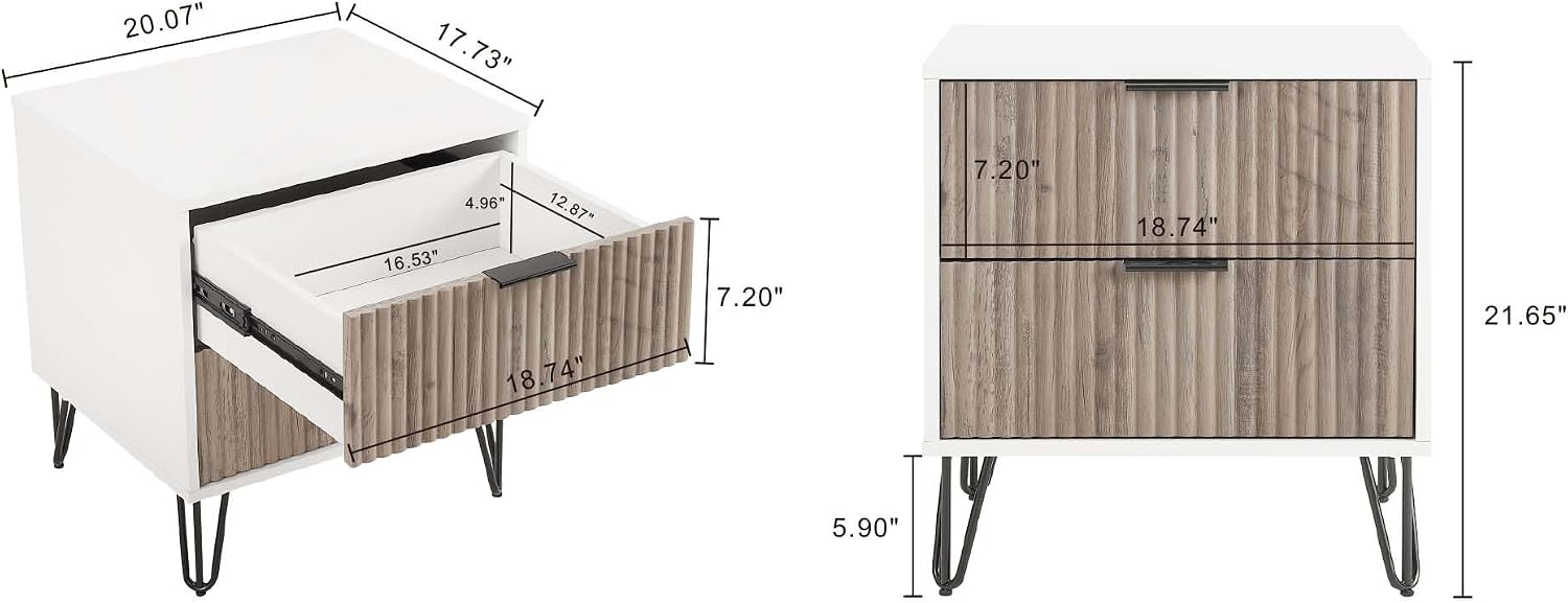 Manhattan Comfort Dumbo 3-Piece Modern Dresser Drawer and Nightstand Set, Tall and Double - Vertical Ribbed Design - No Tool Assembly Storage for Bedroom & Living Room, White/Grey