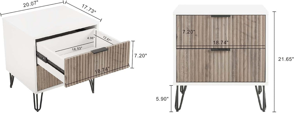Manhattan Comfort Dumbo 3-Piece Modern Dresser Drawer and Nightstand Set, Tall and Standard - Vertical Ribbed Design - No Tool Assembly Storage for Bedroom & Living Room, White/Grey