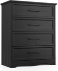 Black Dresser for Bedroom, Farmhouse 36' Tall 4 Drawer Chest with Sleek Brushed Metal Handles, Modern Wood Storage Cabinet with Unique Base Design, Closet Organizer for Bedroom, Living Room, Hallway