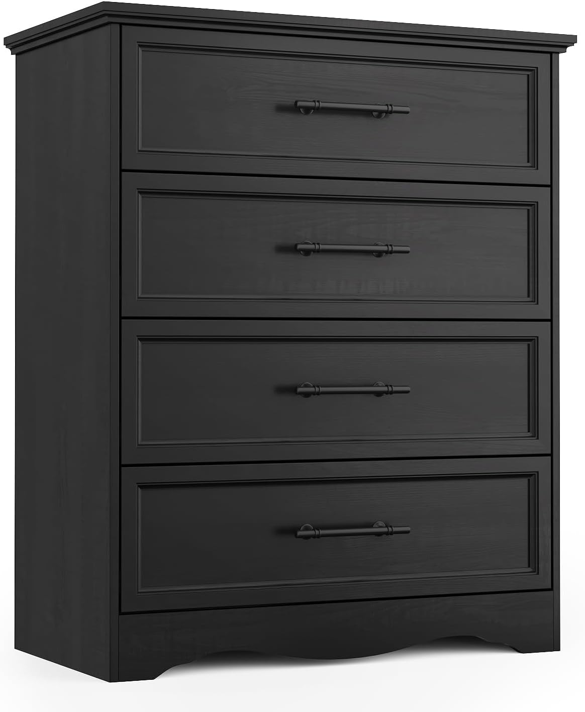 Black Dresser for Bedroom, Farmhouse 36' Tall 4 Drawer Chest with Sleek Brushed Metal Handles, Modern Wood Storage Cabinet with Unique Base Design, Closet Organizer for Bedroom, Living Room, Hallway