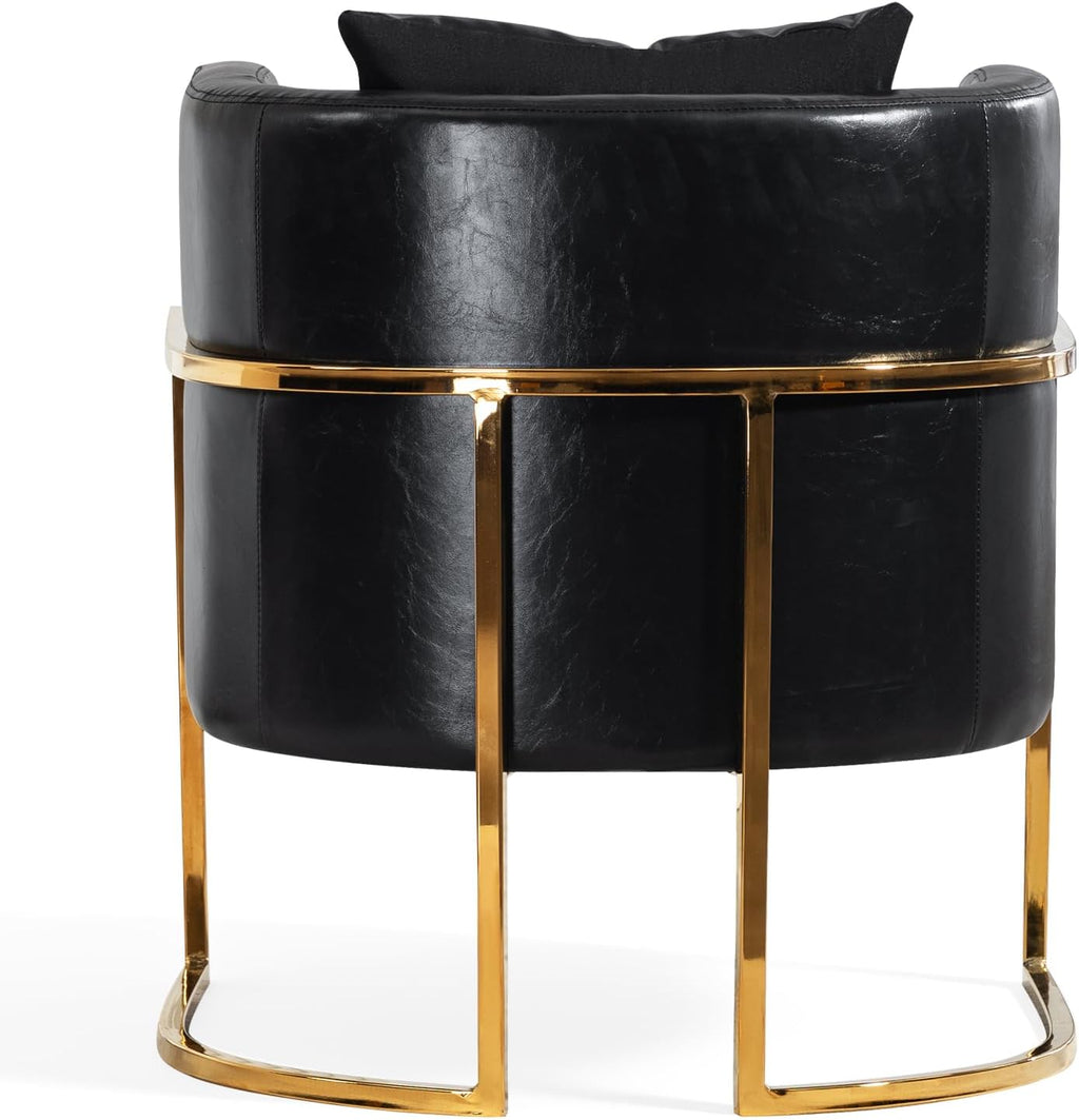 Modern Leather Accent Chair, Mid Century Upholstered Barrel Armchair with Pillow for Living Room, Comfy Single Vanity Chair with Metal Gold Legs for Bedroom, Black