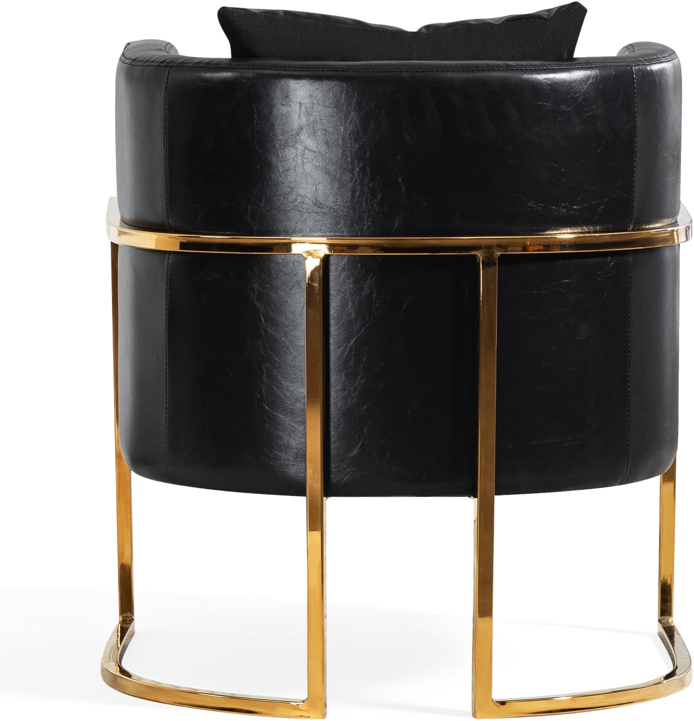 Modern Leather Accent Chair, Mid Century Upholstered Barrel Armchair with Pillow for Living Room, Comfy Single Vanity Chair with Metal Gold Legs for Bedroom, Black