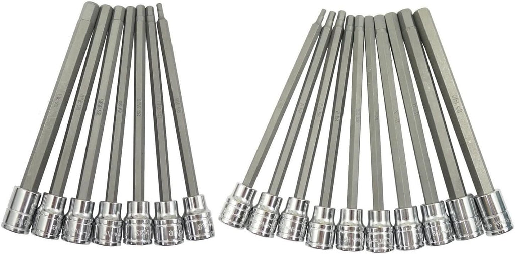 17pc 3/8' DR CR-V/S-2 Material LONG Extension SAE+Metric HEX KEY BIT SOCKET SET