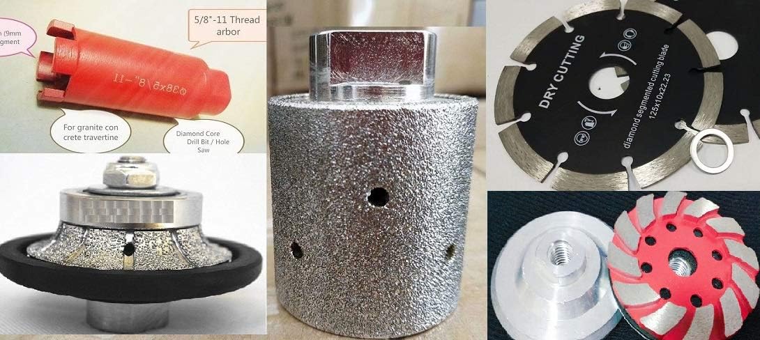 3/16' Diamond Radius Bullnose countertop refinishing wheel 5' concrete stone cutting disc 4' masonry grinding sanding cup 1 3/8' kitchen sink hole core drilling bit zero tolerance drum polisher sander