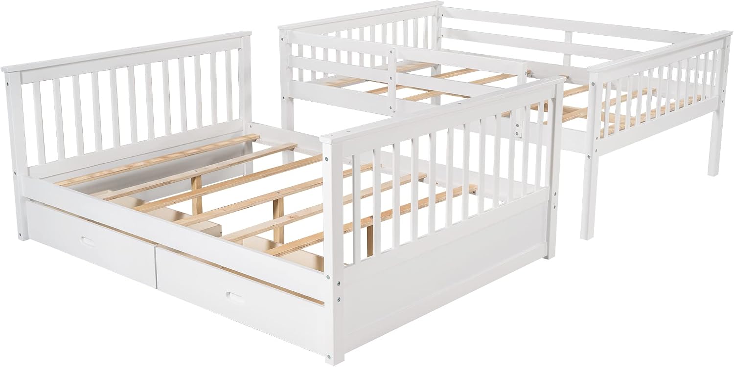 SOFTSEA Full Over Full Bunk Bed with Drawers and Built-in Ladder, No Box Spring Needed