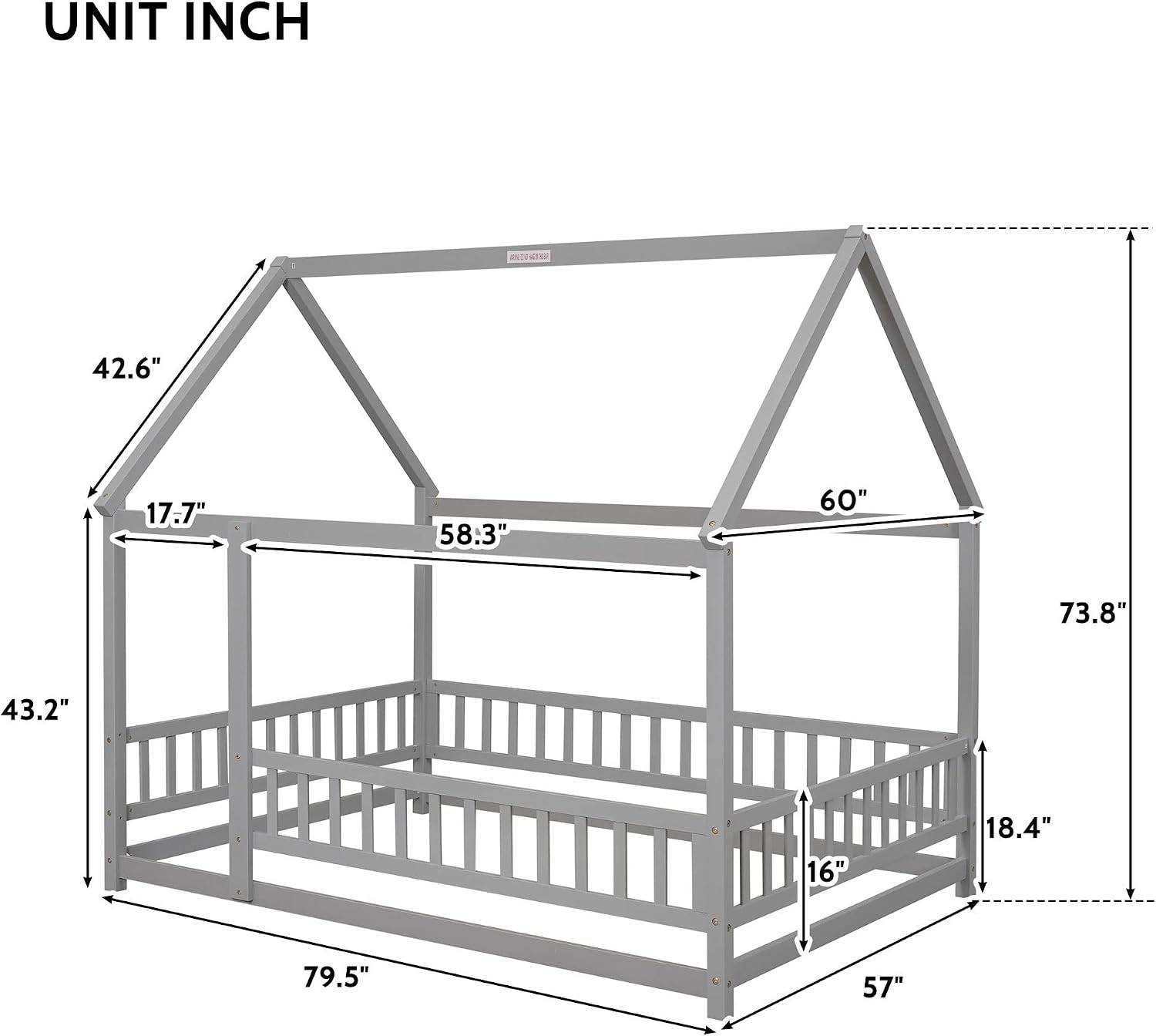 Bellemave Full Size House Floor Bed,Wooden Montessori Bed with Fence and Roof for Kids,Playhouse Full Bed Frame for Girls,Boys(Full,Gray)