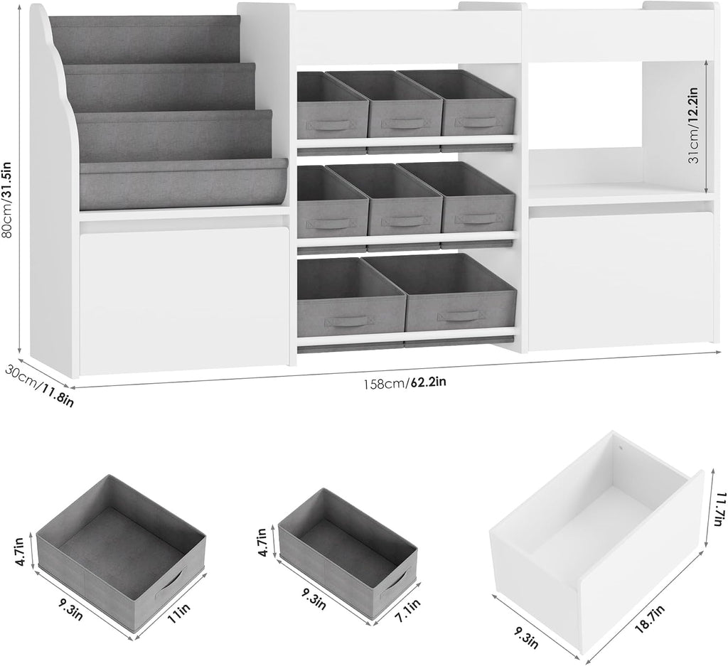 BOTLOG 62.2 inches Toy Storage Organizer and Kids Bookshelf, Toy Organizer with 2 Movable Drawers and 9 Box Bins, 4 Tier Toddler Bookshelf for Book Storage and Display