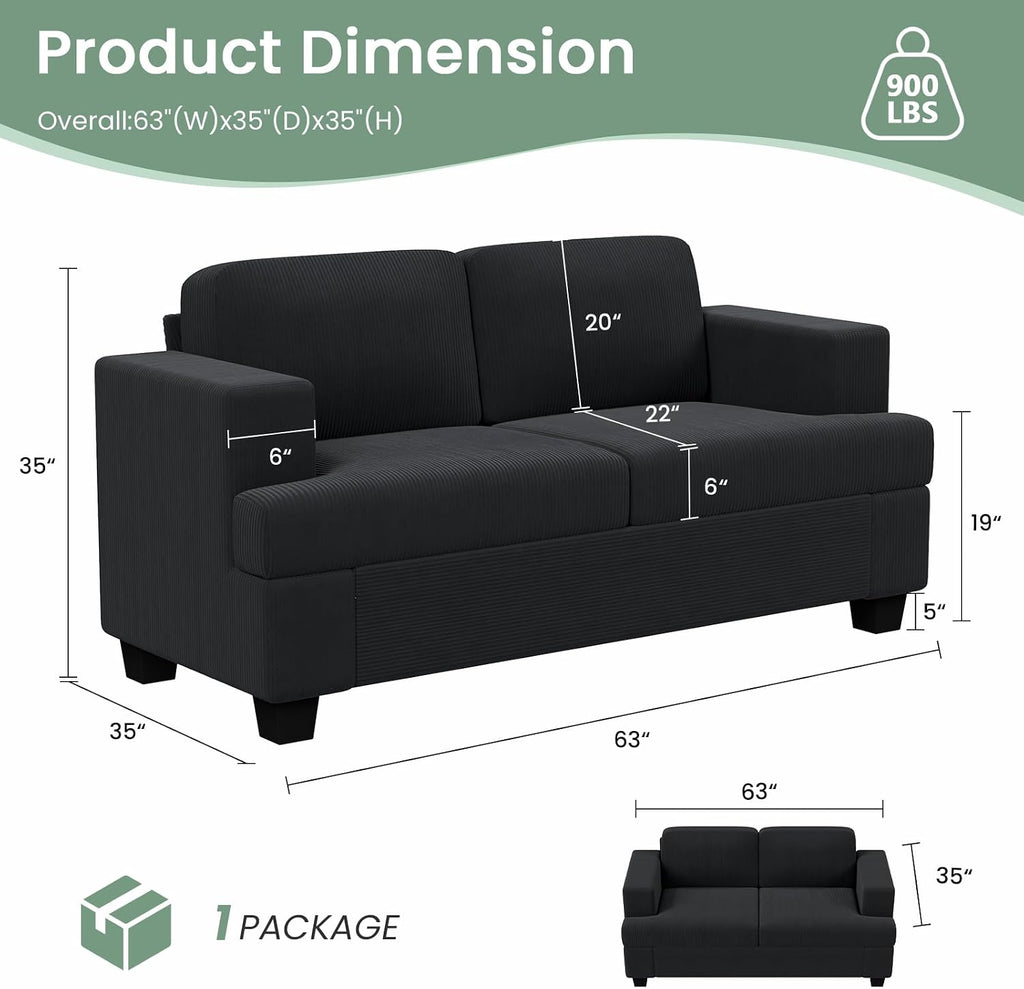 Fiona's magic 8 Seats Couch Set, 3 Piece Set Comfy Sofa, 3 Seater*2 & Loveseat Sofa with Deep Seats for Living Room, Modern Sleeper Couch, Black Corduroy