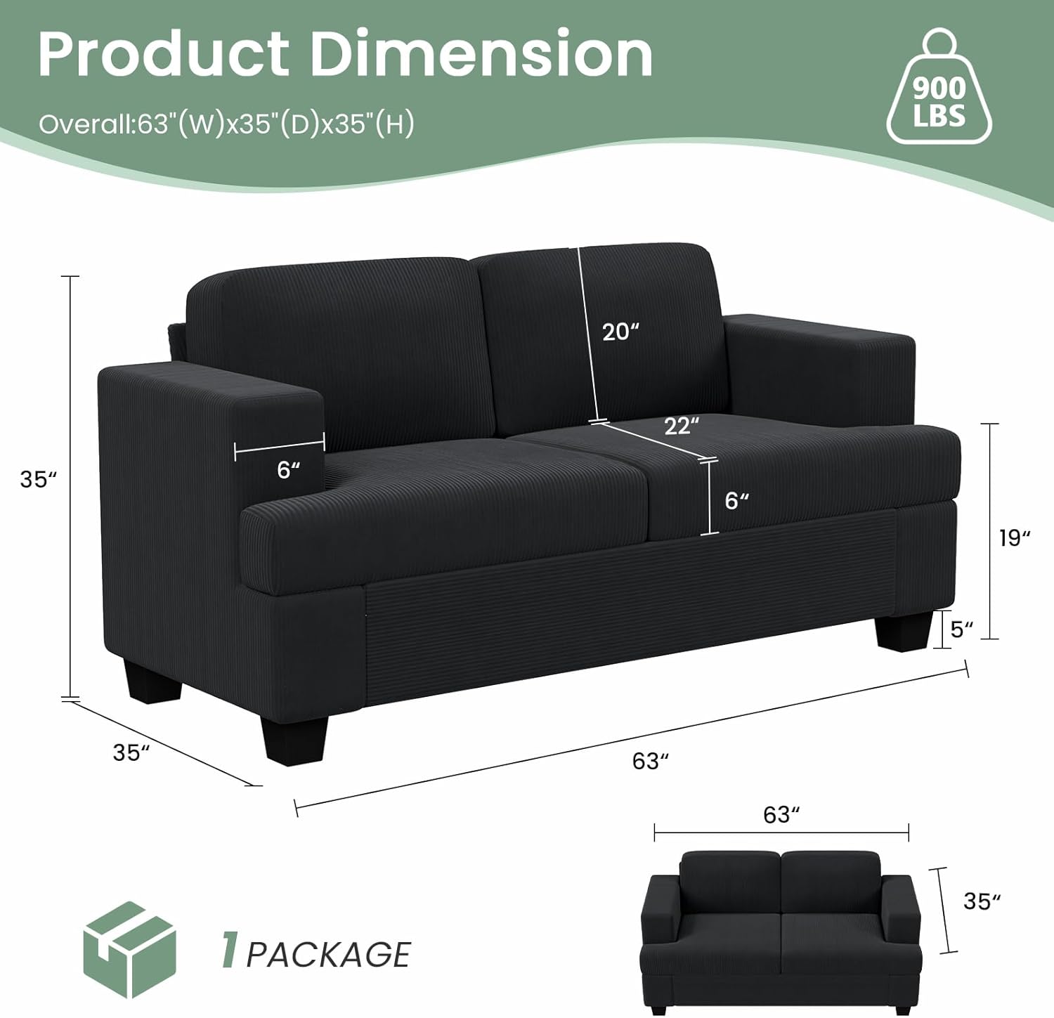 Fiona's magic 3 Pieces Corduroy Couch Set for Living Room, 7 Seats Cloud Sofa, Deep Seat Floor Couch for Bedroom, Futon Modern Sofa Bed, Black Corduroy