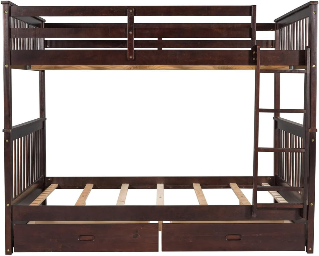 Kids Twin Bunk Bed, Full Size Bed Frame with Drawers Full Over Full with 2 Drawers Ladder and Rail Guard Wood Slats for Boys and Girls Bedroom