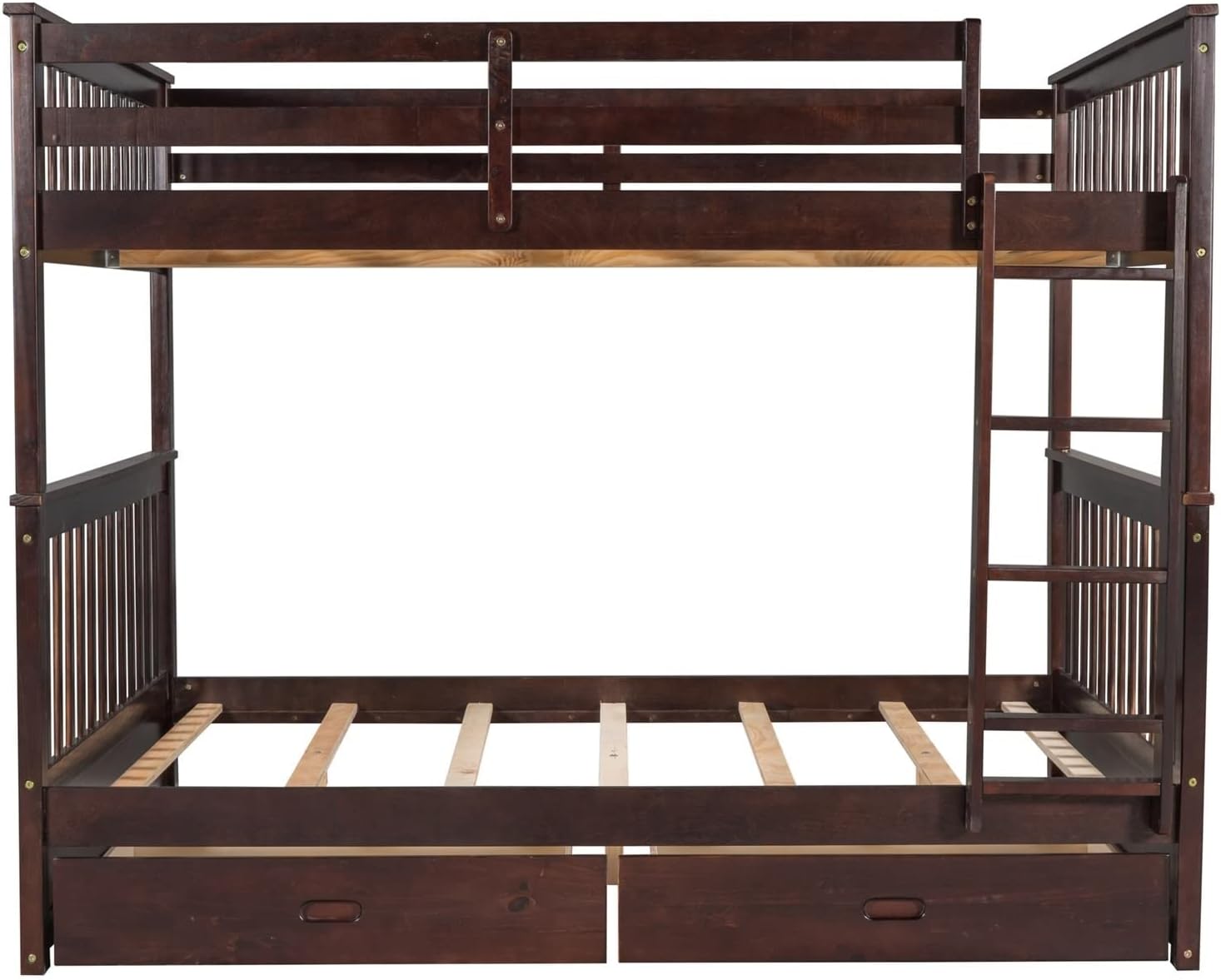 Kids Twin Bunk Bed, Full Size Bed Frame with Drawers Full Over Full with 2 Drawers Ladder and Rail Guard Wood Slats for Boys and Girls Bedroom
