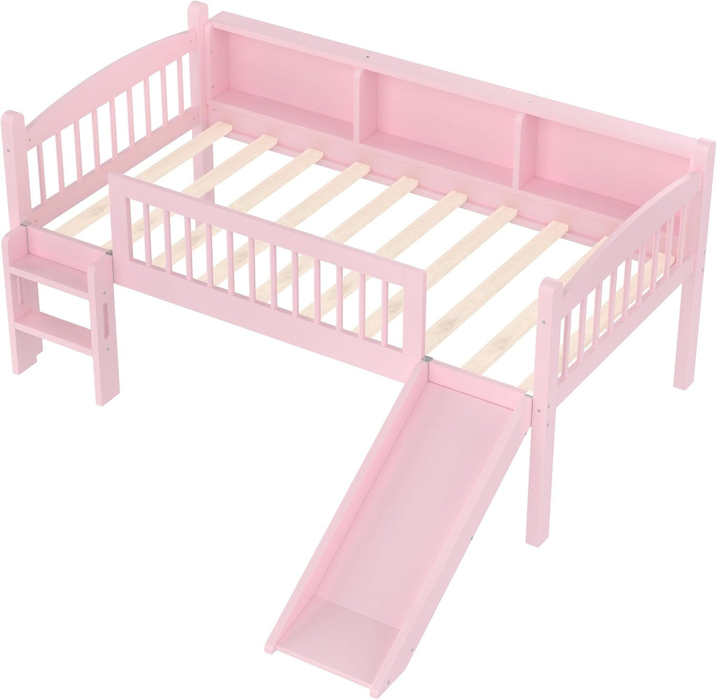JIVOIT Twin XL Loft Bed with Storage Shelves, Solid Wood Lower Loft Bed with Full-Length Guardrails, Wood Slats Support, Space-Saving Design, No Box Spring Needed (Pink,Twin XL,51)