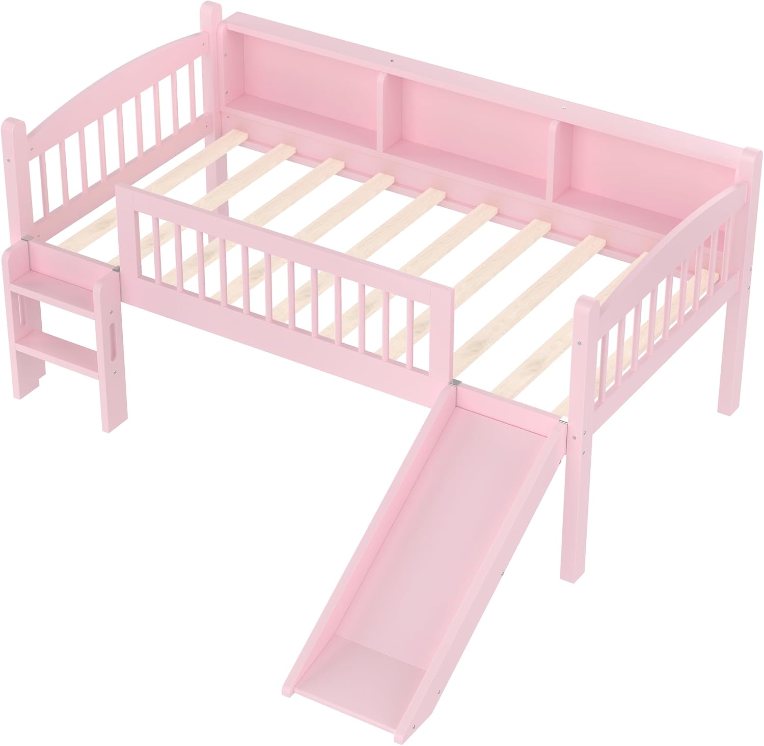 JIVOIT Twin XL Loft Bed with Storage Shelves, Solid Wood Lower Loft Bed with Full-Length Guardrails, Wood Slats Support, Space-Saving Design, No Box Spring Needed (Pink,Twin XL,51)