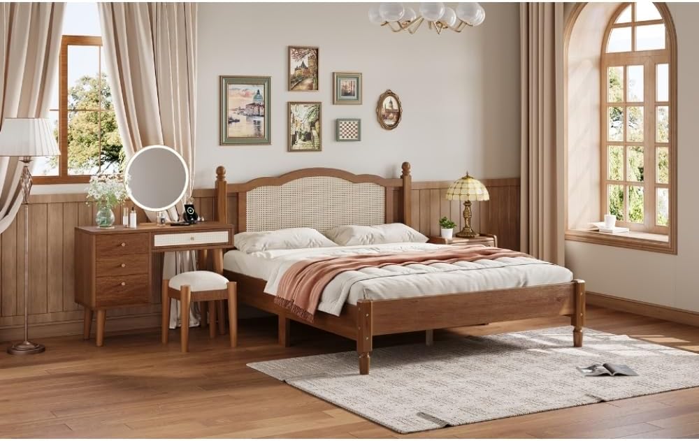 3 Pieces Bedroom Set with Full Size Wooden Bed Frame, 1 Vintage Nightstand and 1 Makeup Vanity Set with Stool,Black (Walnut + Wood + Queen + 3 Piece Set)