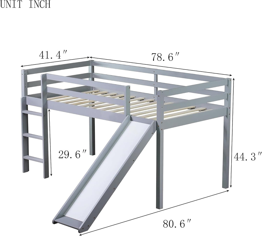 JIVOIT Twin Size Low Loft Bed with Slide and Ladder, Rubber Wood Twin Loft Bed with Wood Slats Support, No Box Spring Needed (Grey/407)