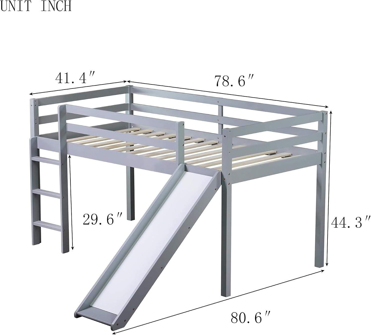 JIVOIT Twin Size Low Loft Bed with Slide and Ladder, Rubber Wood Twin Loft Bed with Wood Slats Support, No Box Spring Needed (Grey/407)