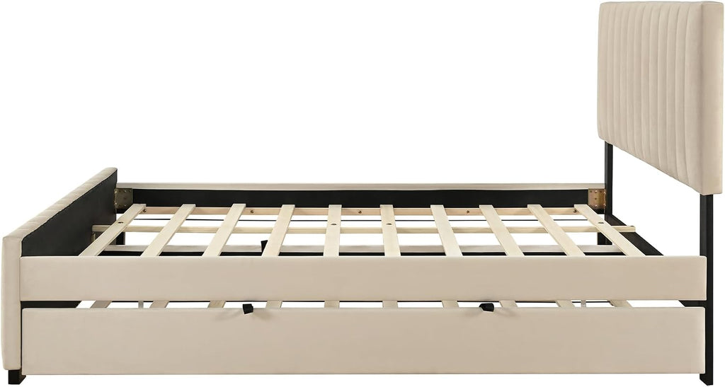 VilroCaz Modern Queen Size Velvet Upholstered Platform Bed with Twin Size Trundle Bed, Channel Tufted Headboard and Footboard, Sturdy Slats Support (Beige-5.25)