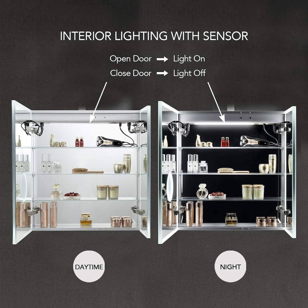 Blossom LED Lighted Mirror Medicine Cabinet, 30x32 Inch - Recessed or Surface Bathroom LED Medicine Cabinet with Mirror, Defogger, Adjustable Brightness - 3X Makeup Mirror, Outlets & USB Ports