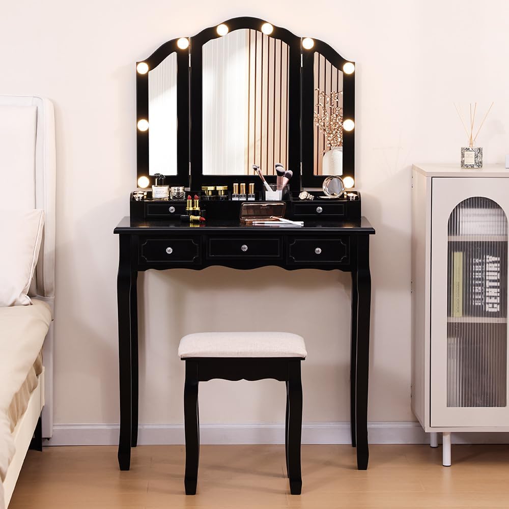 Makeup Vanity with Lights, Large Vanity Desk with 3 Lighting Modes & Adjustable Brightness Detachable Top Writing Desk Dressing Table with Drawers and Shelves for Bedroom, (Black)
