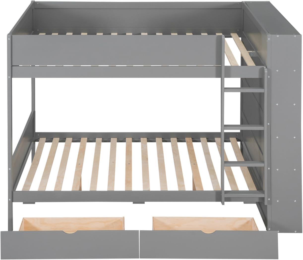 Full Over Full Bunk Bed with Bookcase and Drawers,Wooden All-in-one Furniture Set with Multi-Layer Cabinet for Kids Girls Boys-Gray