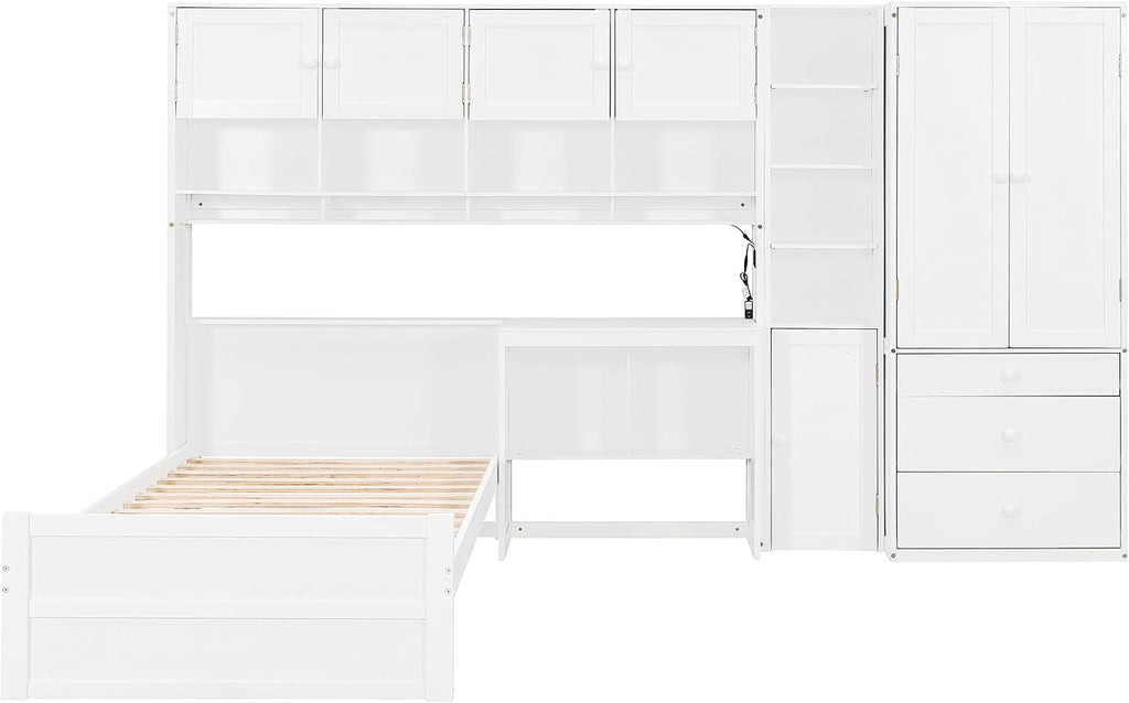 Multifunctional Design Twin Size Platform Bed with All-in-One Vertical Cabinet Bookcase and Desk, Solid Wood Platform Bed Frame with Storage Headboard, Drawers and Shelves (White-1.2)