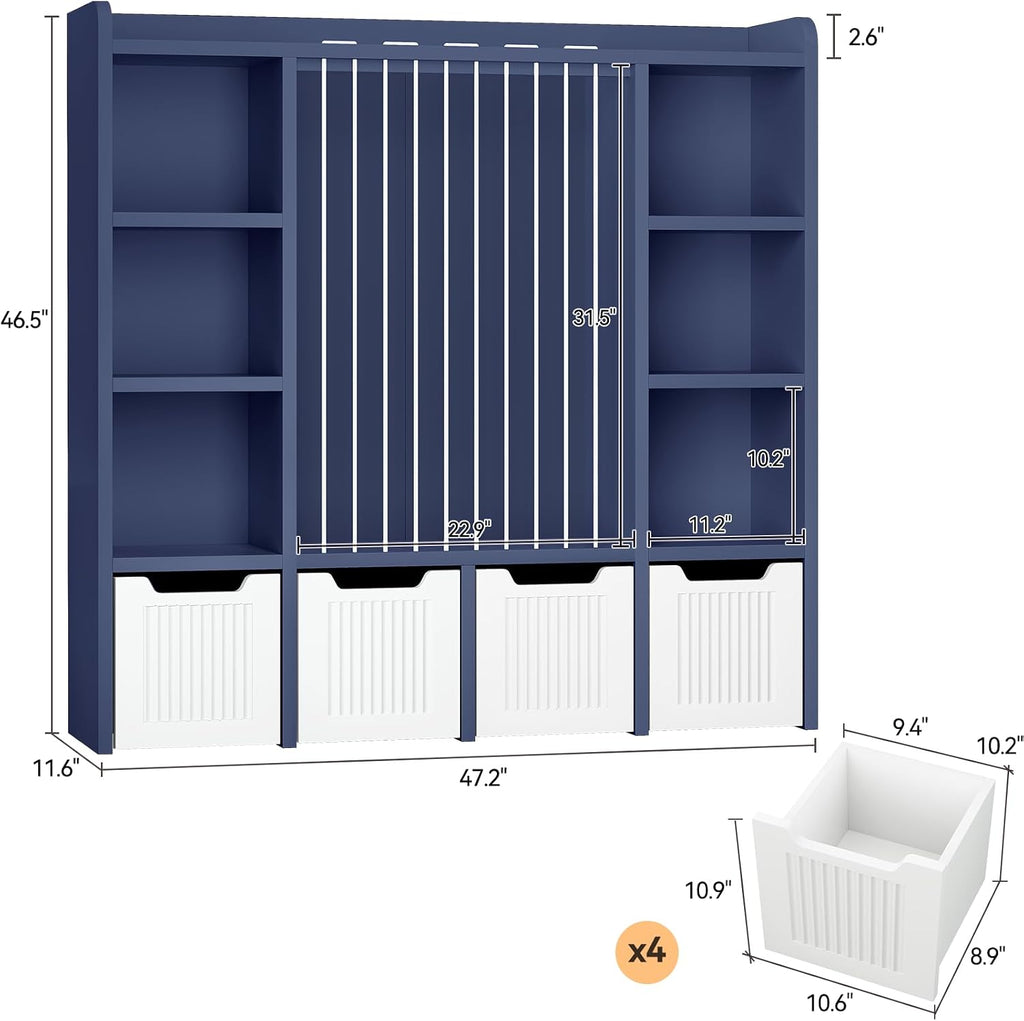 ONBRILL Toy Storage Organizer, Toddler Stuffed Animal Storage, Kids Toy Shelf with 6 Open Cubbies & 4 Movable Toy Chest, Bookshelf for Kids Room Playroom Bedroom Nursery (Blue)