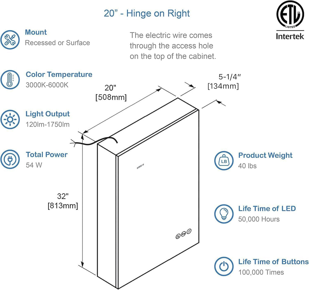 Blossom LED Lighted Mirror Medicine Cabinet, 20x32 Inch, Right Hinge, Recessed/Surface Bathroom LED Medicine Cabinet with Mirror, Defogger, Adjustable Brightness, 3X Makeup Mirror, Outlets & USB Ports