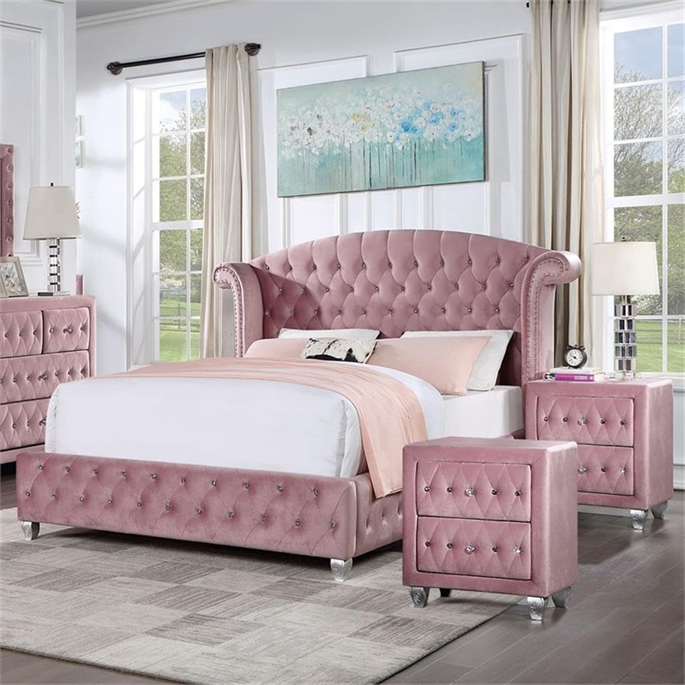 Furniture of America FOA Gijit 3-Piece Pink Fabric Wingback Bedroom Set - Full + 2 Nightstands