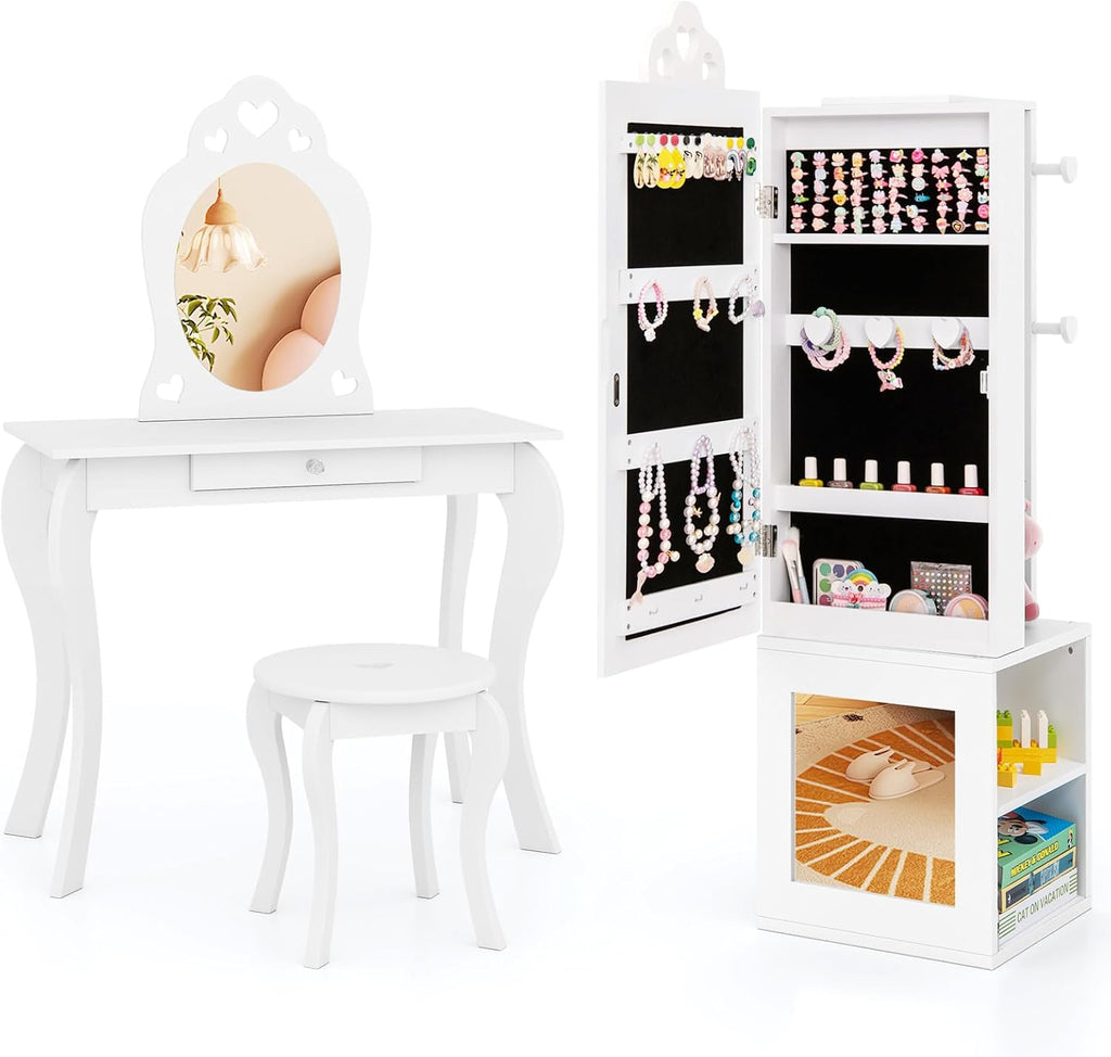 HONEY JOY 4 Piece Kids Vanity Set & Jewelry Armoire Cabinet, Snowflake Wooden Makeup Table & Chair Set, Dress Up Jewelry Organizer w/Full-Length Mirror, Kids Bedroom Furniture for Playroom (Pink)